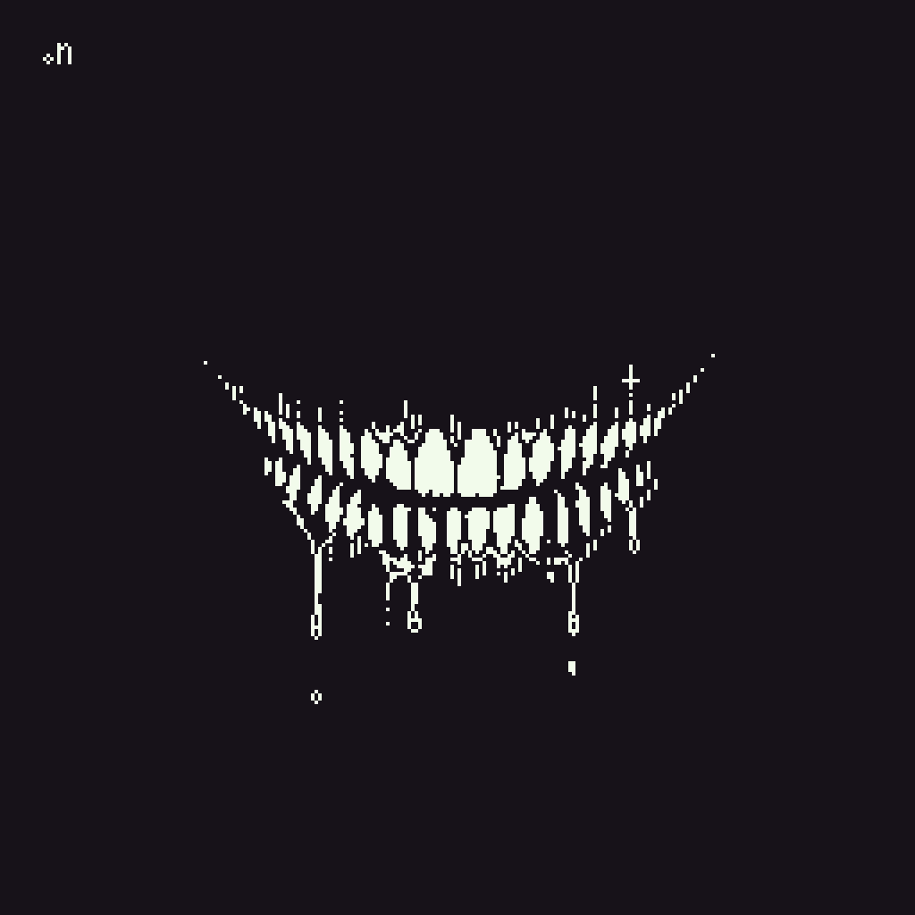 A pixel art illustration on a dark background shows a wide, macabre smile with numerous sharp, pointed teeth. The teeth appear to be dripping or melting downwards, forming irregular shapes. A faint white cross is visible above the top teeth on the right side. The overall impression is unsettling and eerie.
